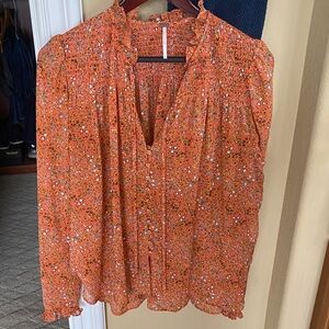 Free People Vibrant Orange Floral Blouse